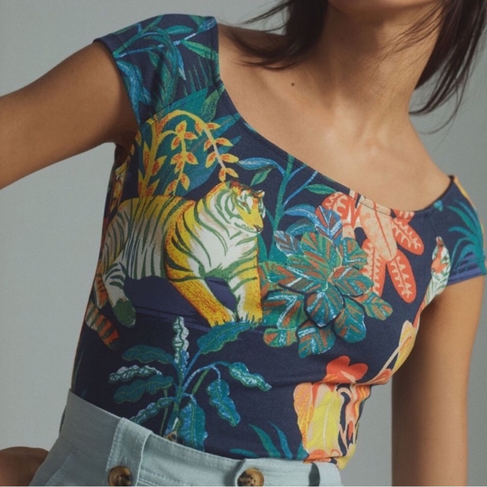 Anthro Maeve Tiger Jungle Print Top Off-Shoulder Knit Jungle Print